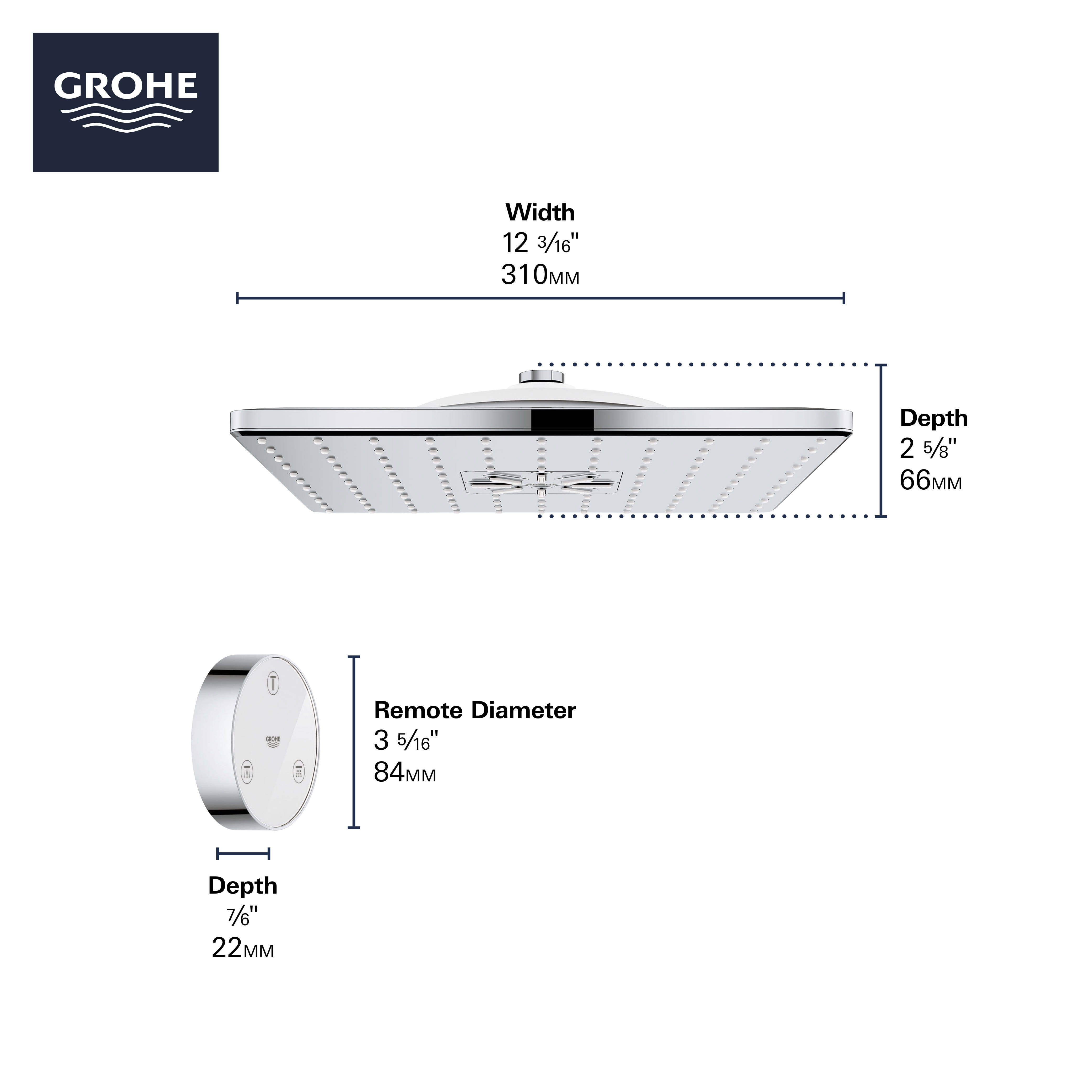 Shower Head with Remote, 12" - 2 Sprays, 1.75gpm